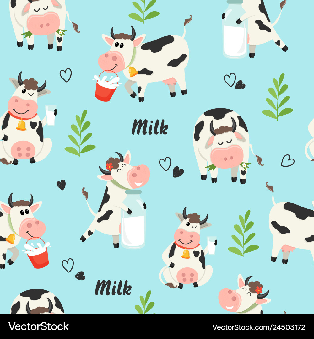 Seamless pattern with farm cows and milk bottle Vector Image