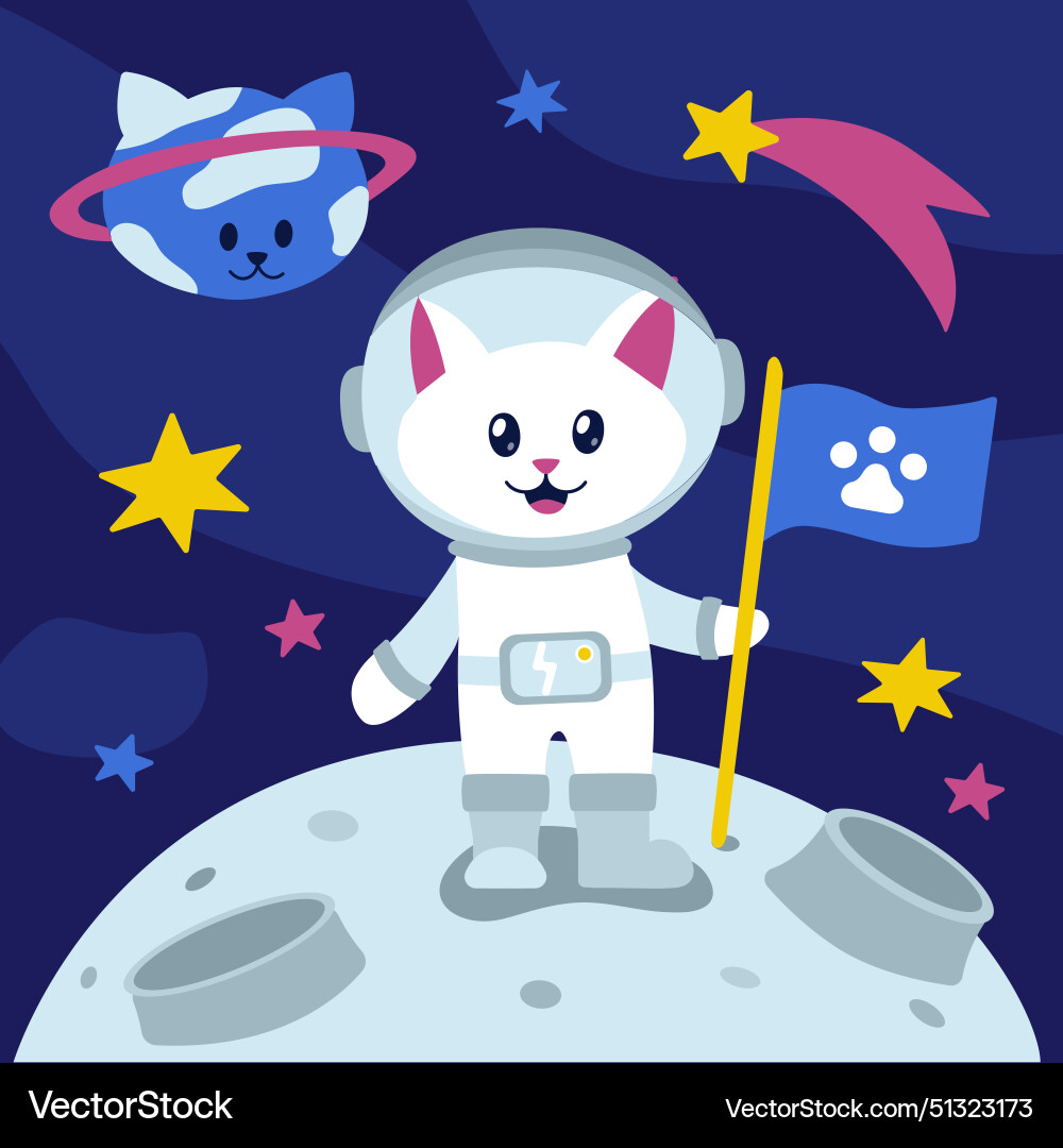 Astronaut kitten holds flag with footprint on moon Astronaut kitten holds flag with footprint on moon Vector Image