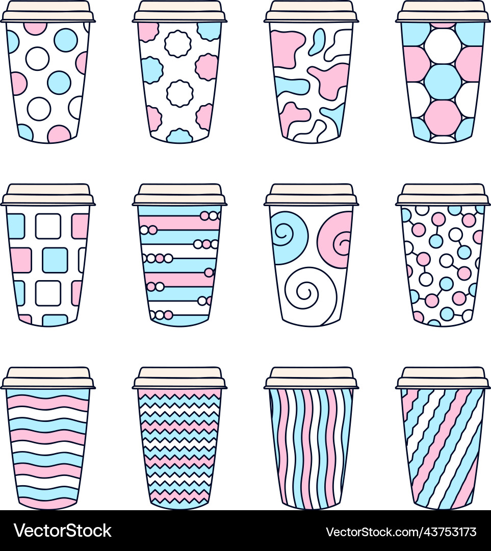 Isolated set of 12 paper texture pattern cups vector image
