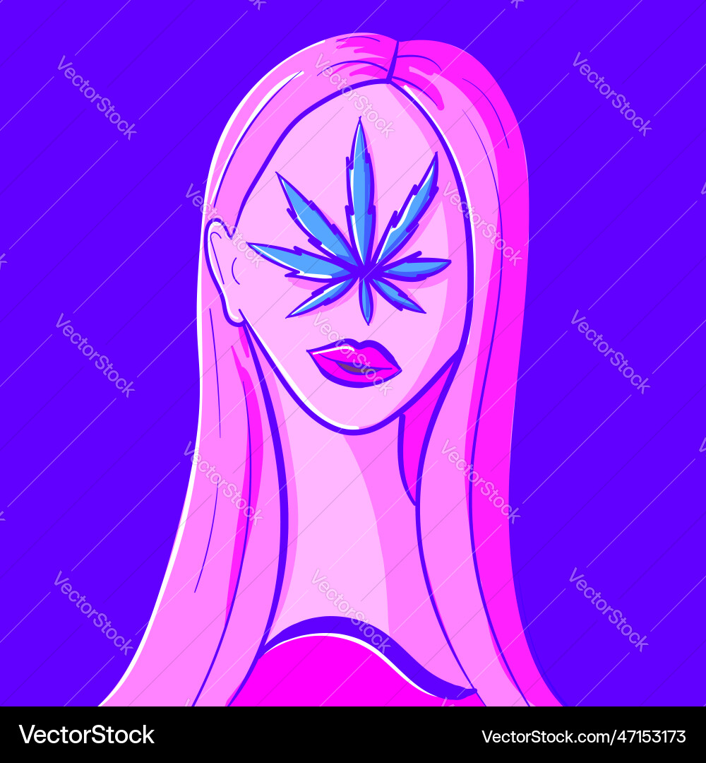 Neon psychedelic woman face with a marijuana leaf Neon psychedelic woman face with a marijuana leaf vector image