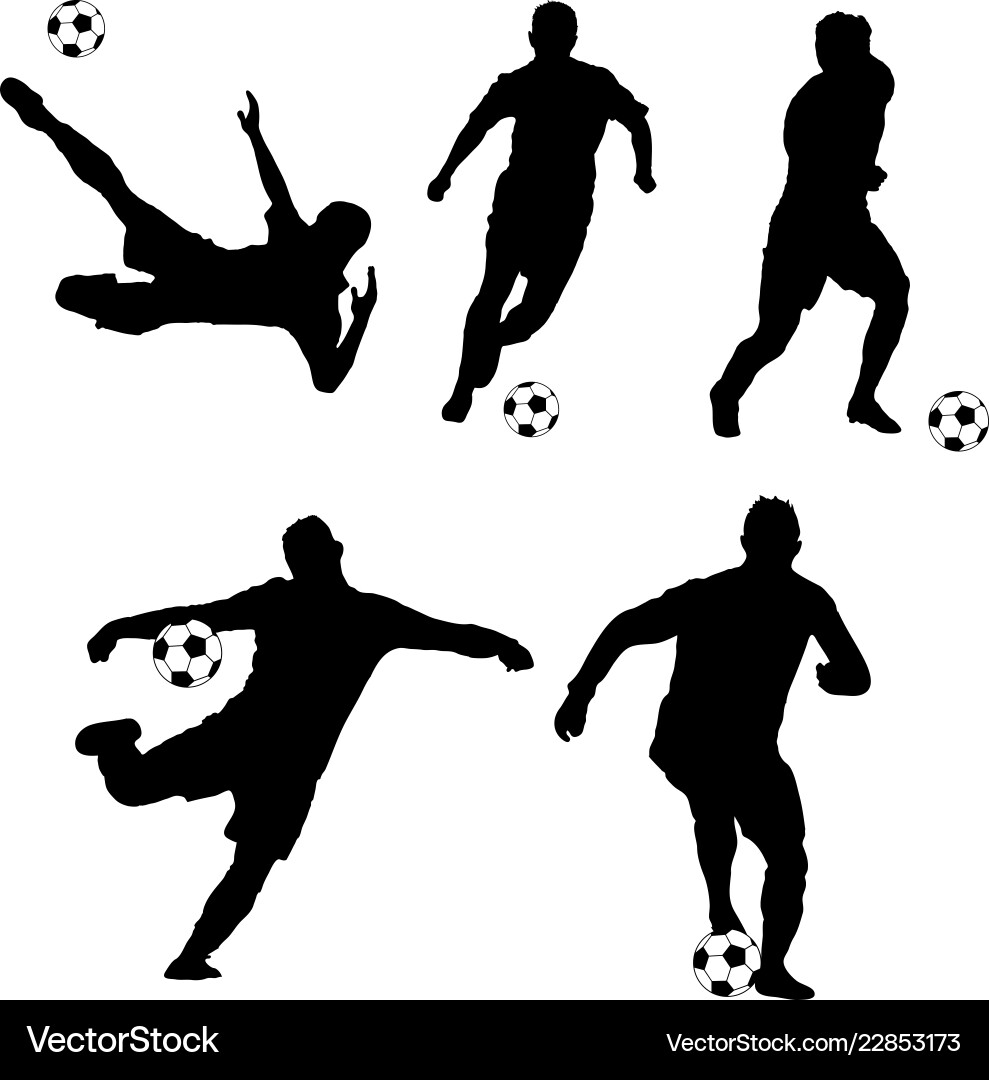 Silhouette soccer players hitting the ball Silhouette soccer players hitting the ball Vector Image