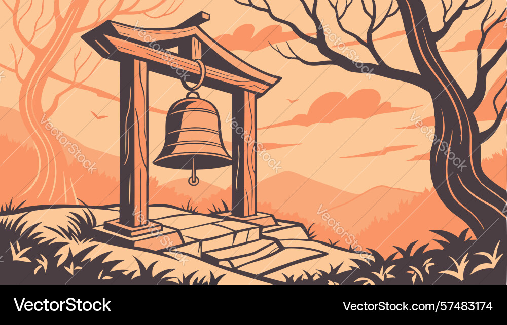 Ancient bell structure in forest path mystical Vector Image