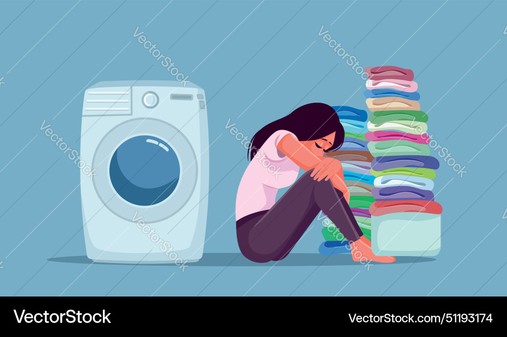 Sad woman having a pile of laundry to wash Sad woman having a pile of laundry to wash vector image