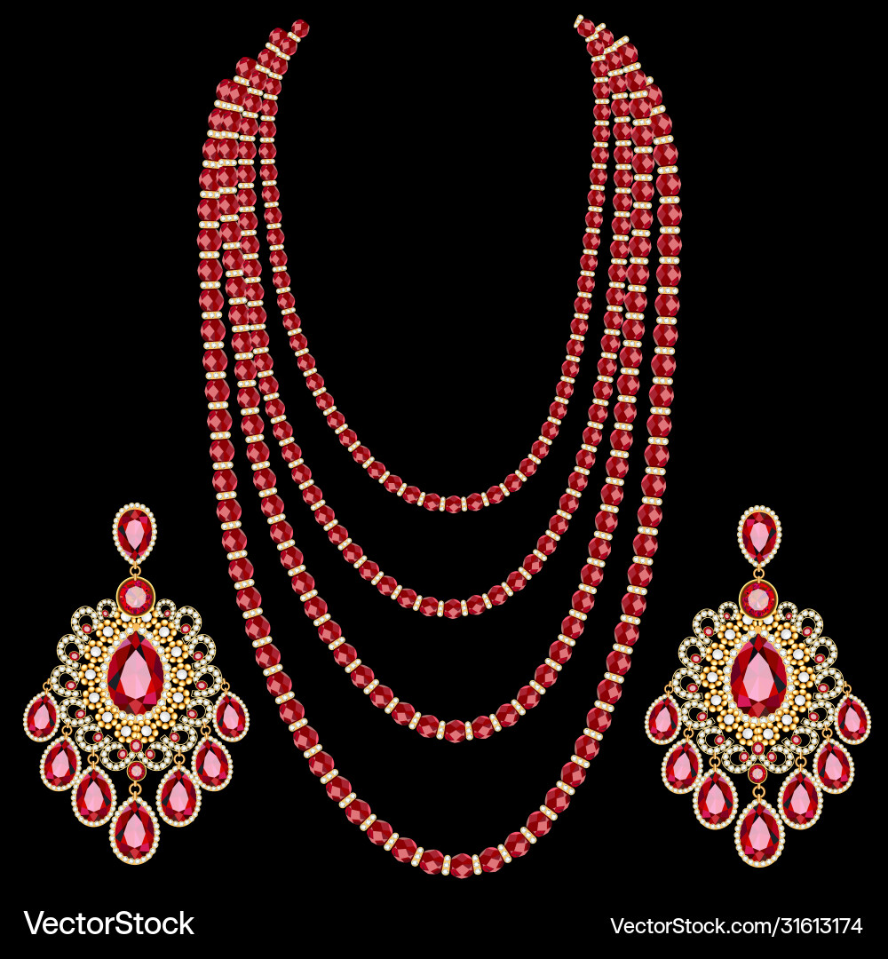 Set multi-layered ruby beads with diamonds Set multi-layered ruby beads with diamonds vector image