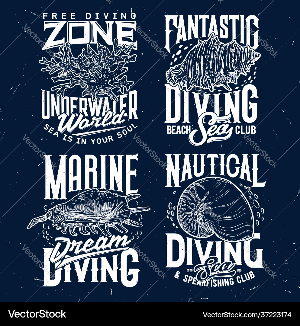 Tshirt print with sketch sea shells and corals set Tshirt print with sketch sea shells and corals set vector image
