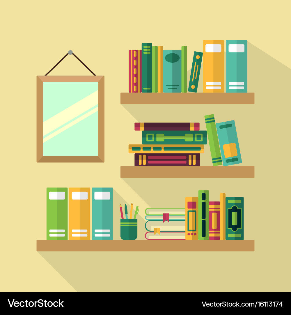 Wood bookshelf in library with different books vector image