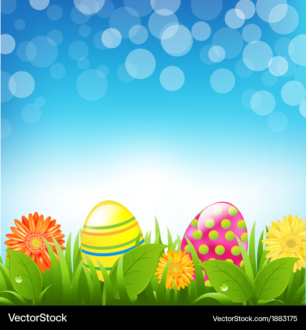 Green border with grass and color eggs bokeh Vector Image