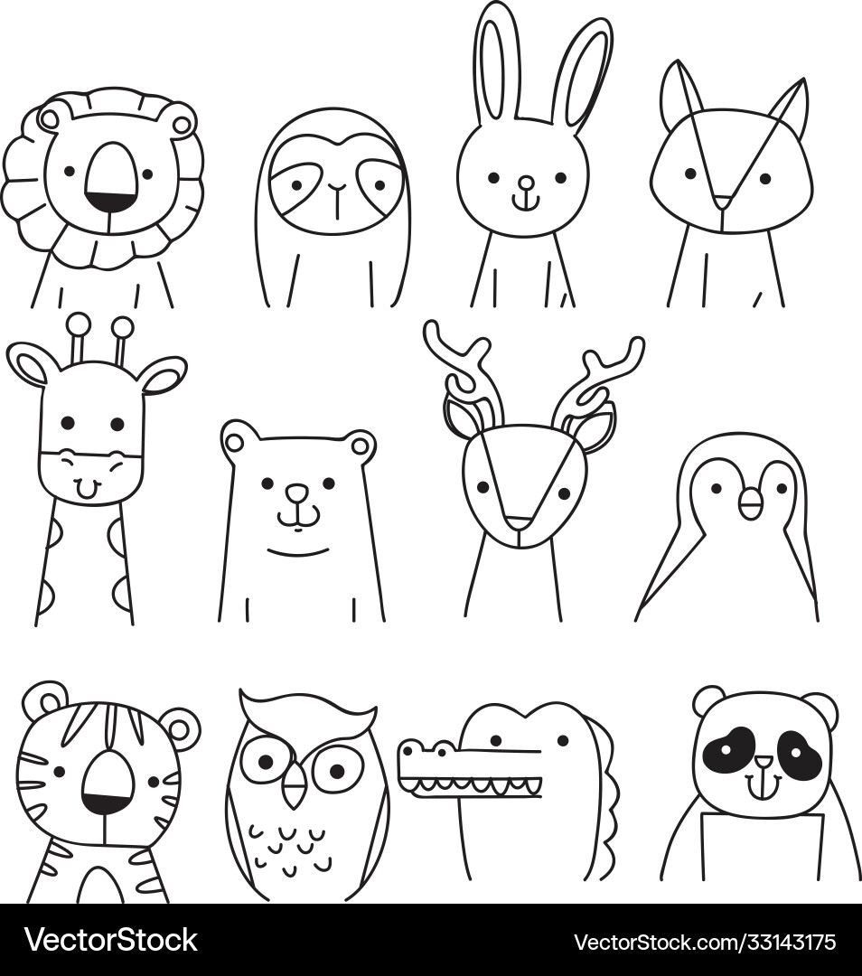 Hand drawn portrait a cute funny animals Hand drawn portrait a cute funny animals Vector Image