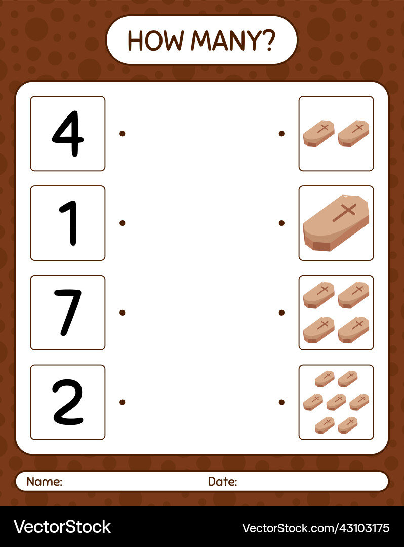How many counting game with coffin worksheet How many counting game with coffin worksheet vector image