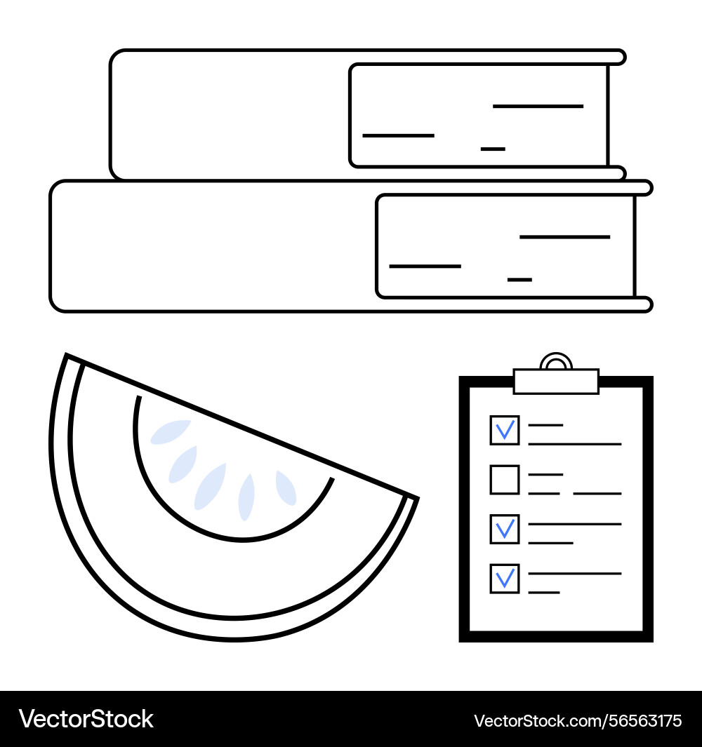 Organized checklist with books and a slice Organized checklist with books and a slice vector image