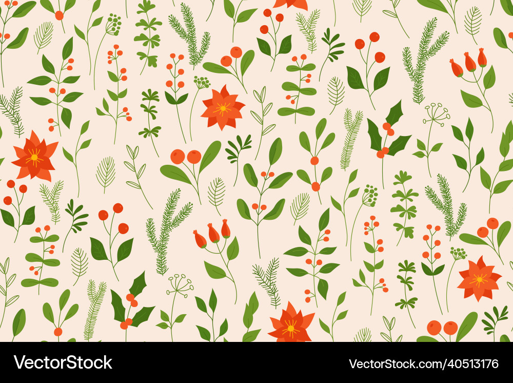 Christmas winter seamless pattern holly poinsettia Christmas winter seamless pattern holly poinsettia vector image