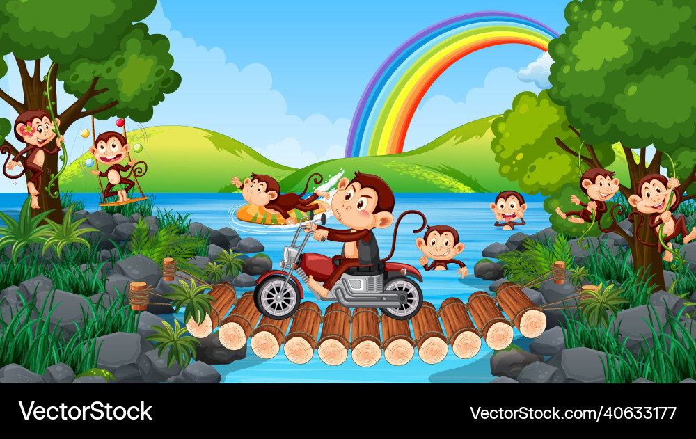 Bridge in the forest scene with many monkeys Bridge in the forest scene with many monkeys vector image