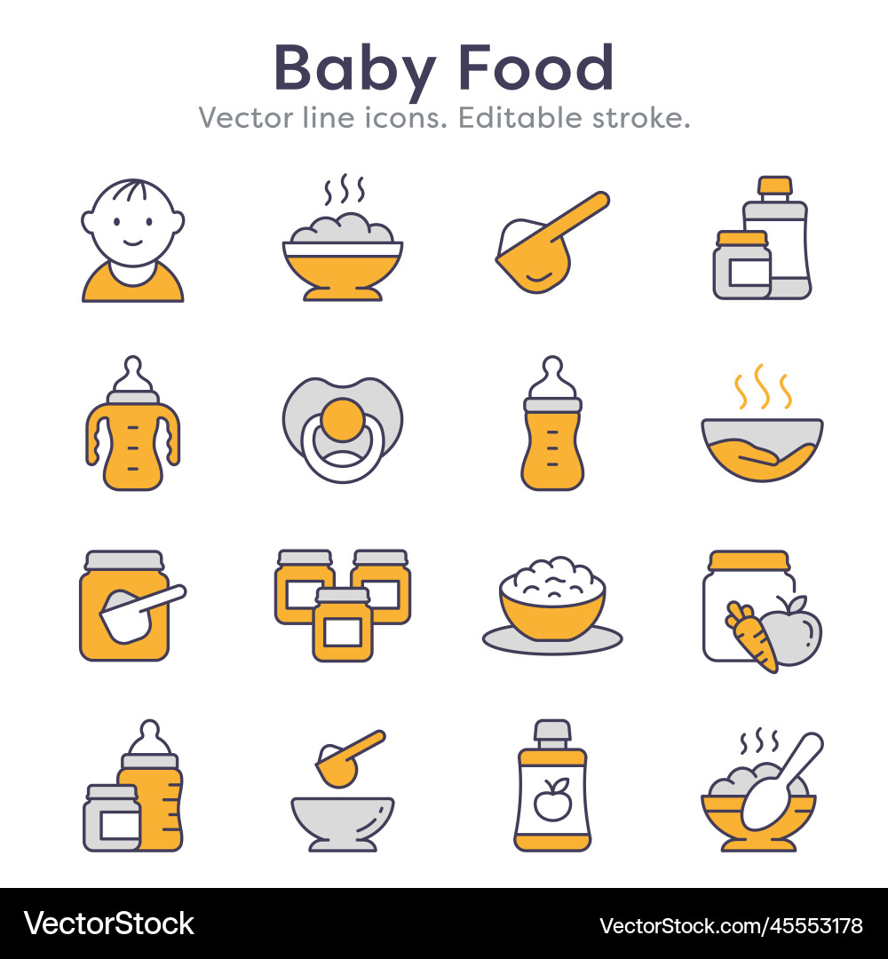 Baby food line icons such as bottle nutrition Baby food line icons such as bottle nutrition vector image