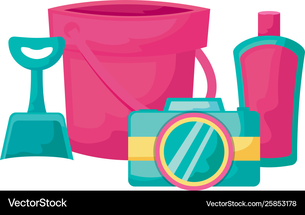Bucket with camera and bottle blocker Bucket with camera and bottle blocker Vector Image