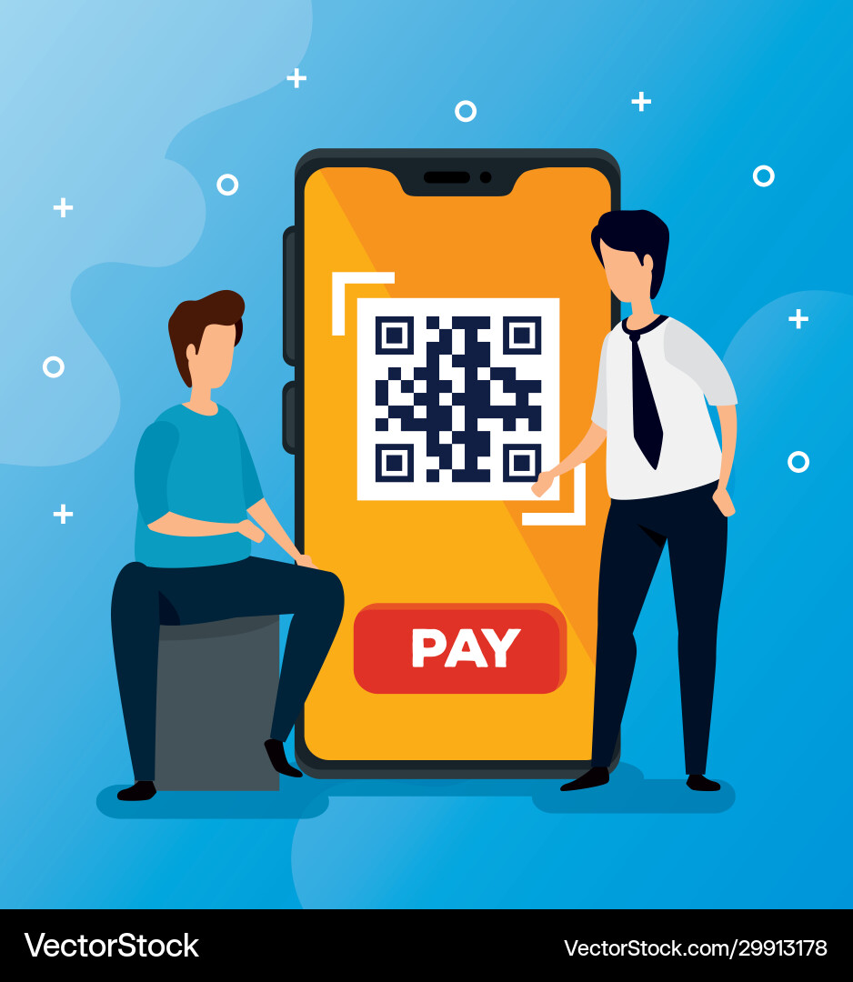 Code qr in smartphone with businessmen and icons Code qr in smartphone with businessmen and icons vector image