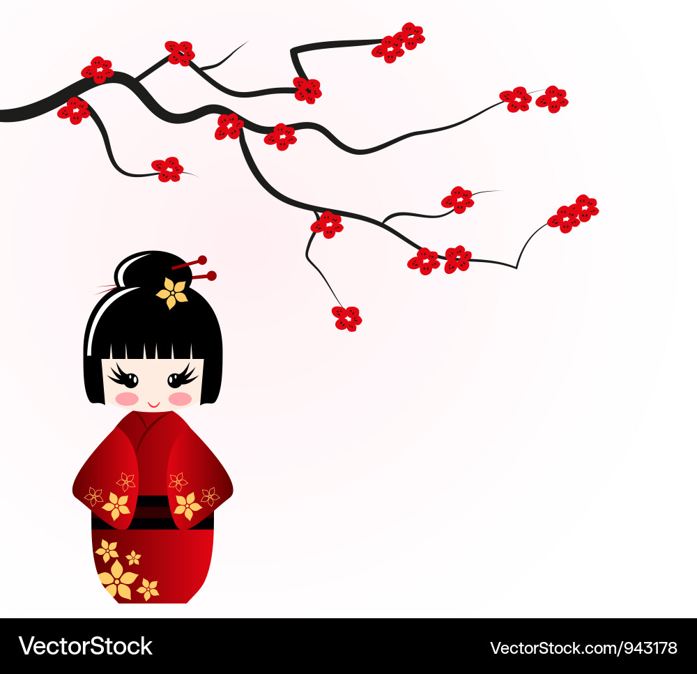 Japanese Kokeshi Doll with Sakura Blossoms vector image