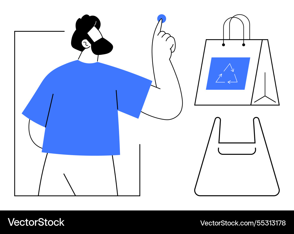 Man pointing forward beside reusable and plastic Man pointing forward beside reusable and plastic vector image