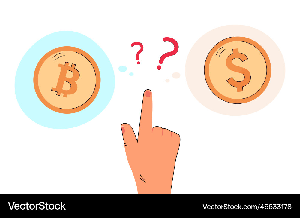 Mans finger pointing at question mark between Mans finger pointing at question mark between vector image
