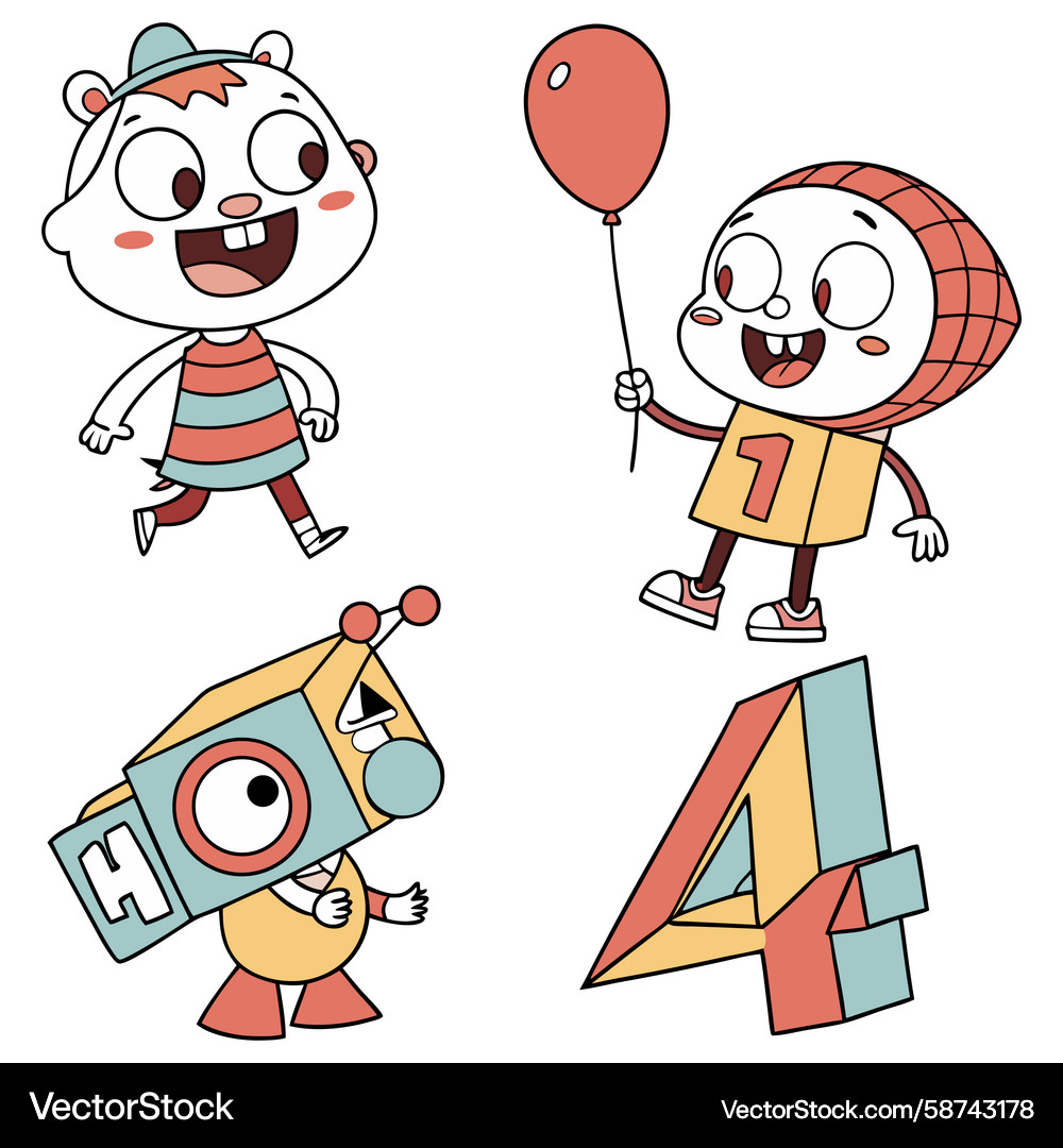 Playful characters with balloons and numbers Playful characters with balloons and numbers Vector Image