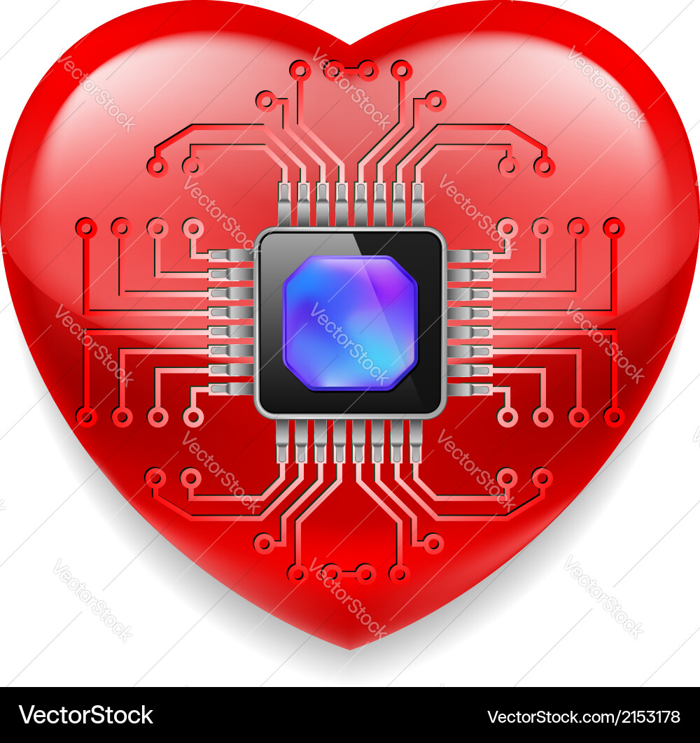 Red Heart with Microchip - Technology vector image