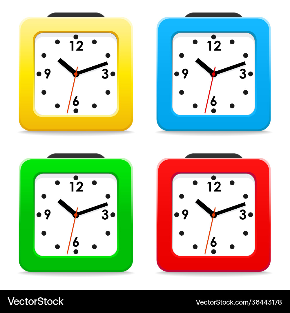 Set desktop alarm clocks square shape with red Set desktop alarm clocks square shape with red vector image