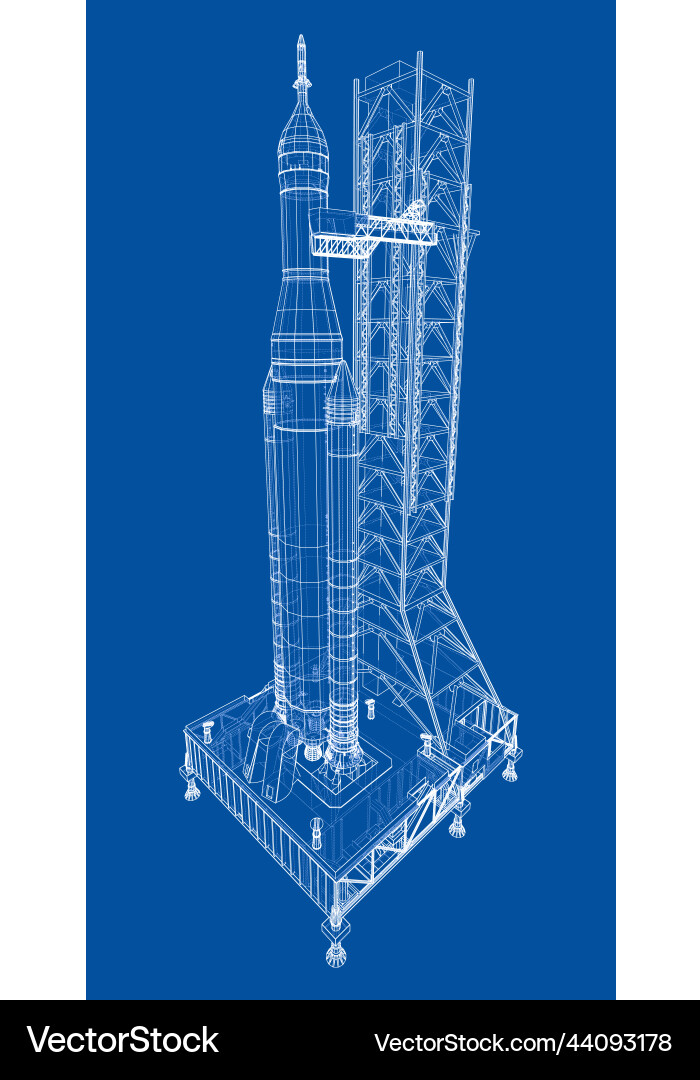 Space rocket on launch pad rendering of 3d vector image