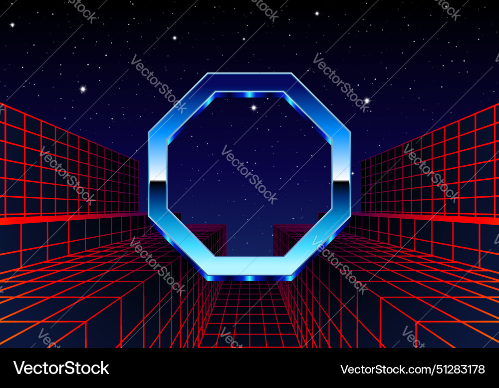 Synthwave frame with chrome polygon and 80s styled Vector Image