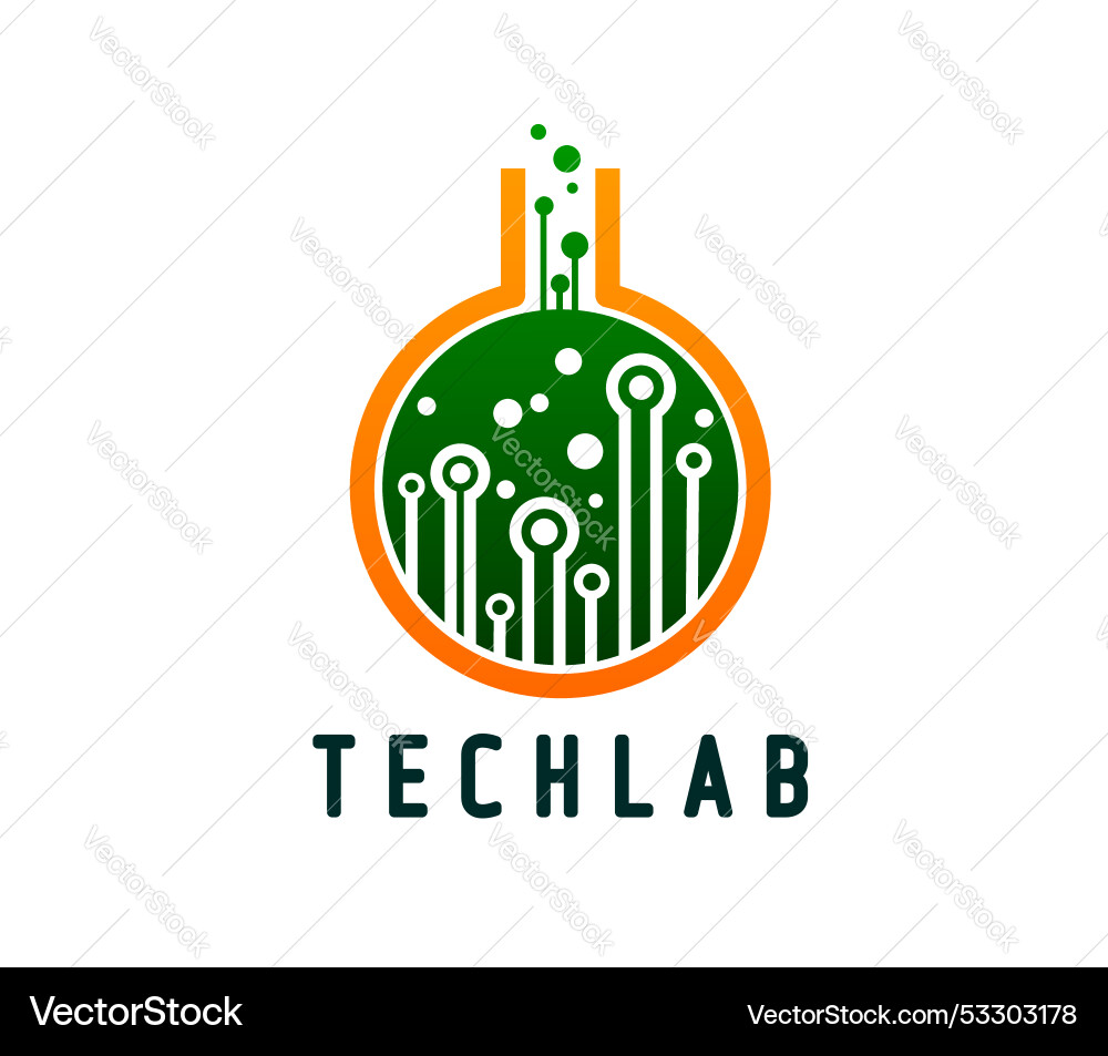 Tech-Lab-Ikone Emblem mit Kolben und Schaltungen Tech-Lab-Ikone Emblem mit Kolben und Schaltungen vektorbild