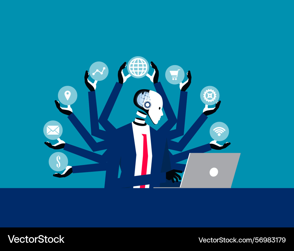Robot multitasking with multiple arms business Robot multitasking with multiple arms business vector image