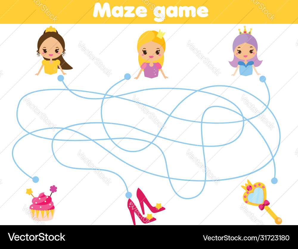 Maze puzzle help princess find objects activity vector image