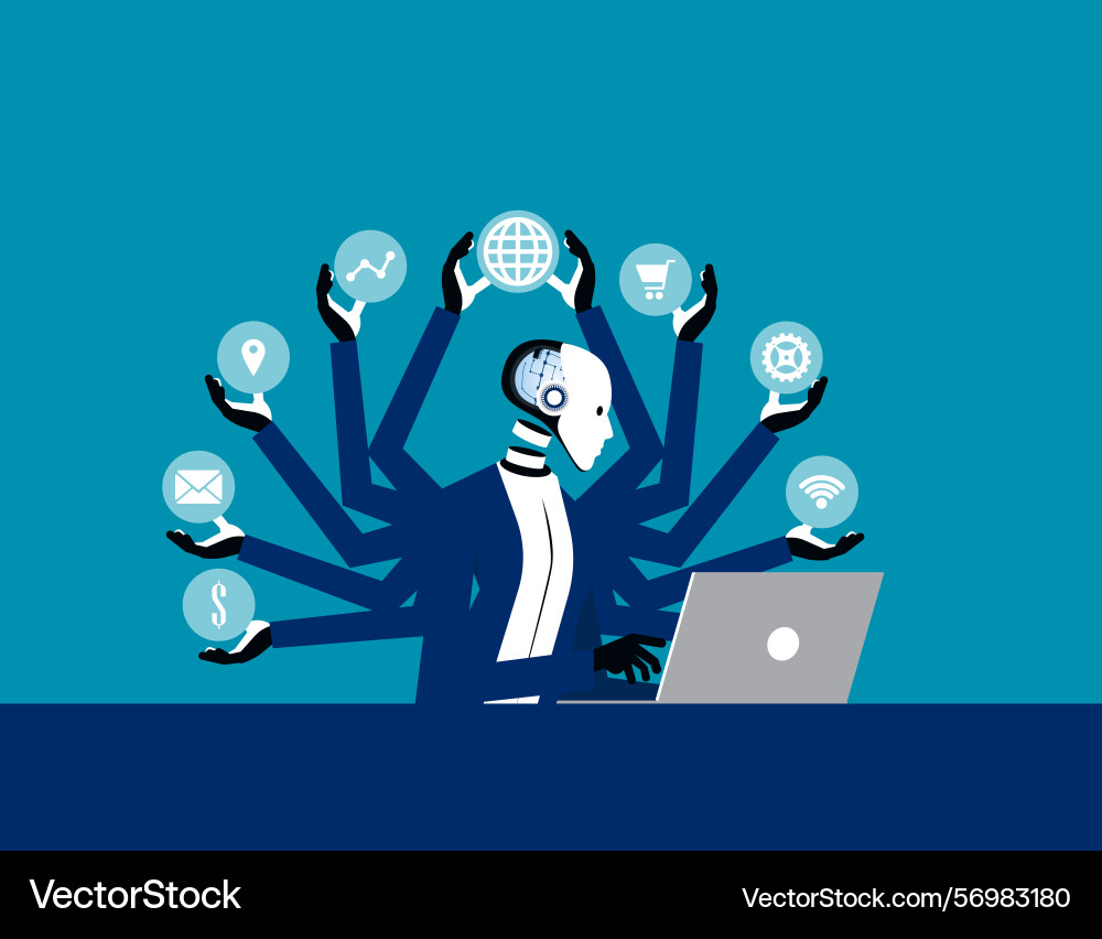 Robot multitasking with multiple arms business Robot multitasking with multiple arms business vector image