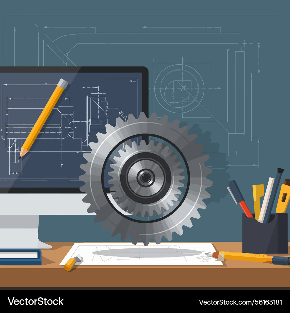 Engineering workspace with computer gear Vector Image