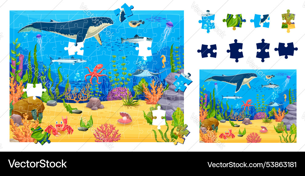 Underwater landscape with blue whale kids jigsaw Underwater landscape with blue whale kids jigsaw vector image