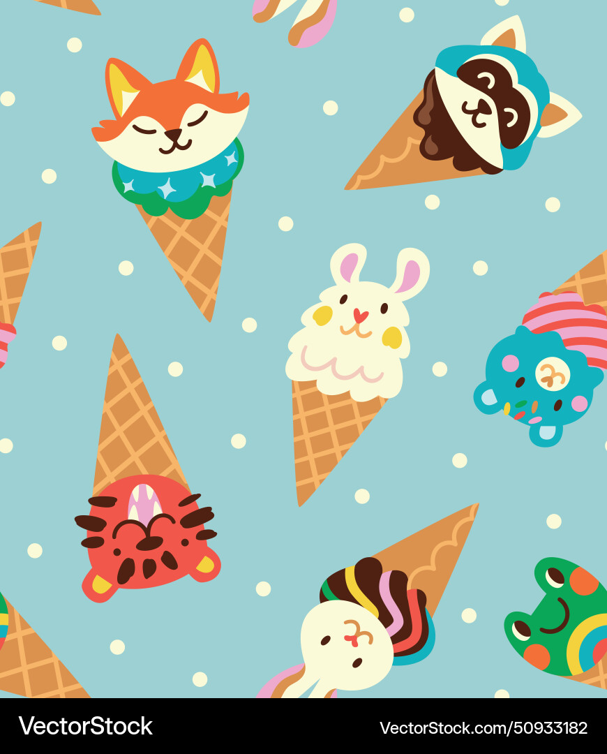 Cute cartoon faces animals in waffle cones yummy vector image