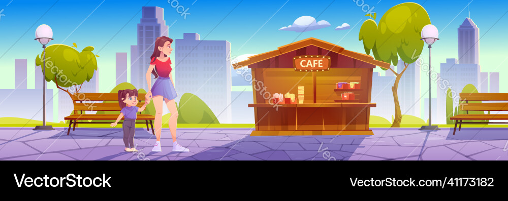 Mother and little daughter stand at outdoor cafe Mother and little daughter stand at outdoor cafe vector image