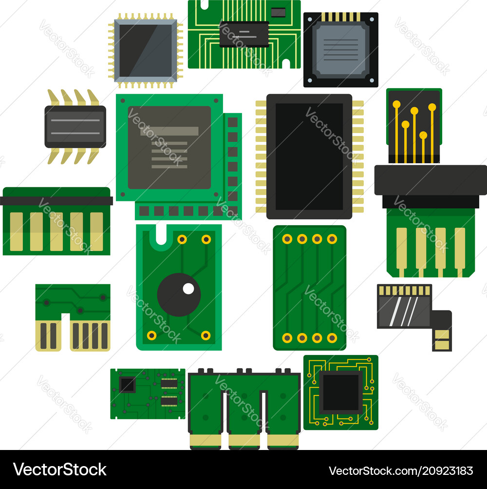 Computer chips icons set in flat style Computer chips icons set in flat style vector image