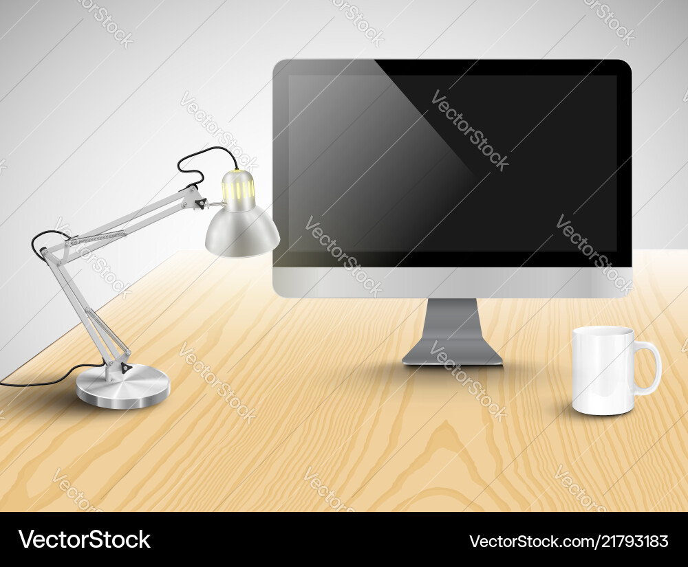 Realistic office desk with different objects Realistic office desk with different objects Vector Image