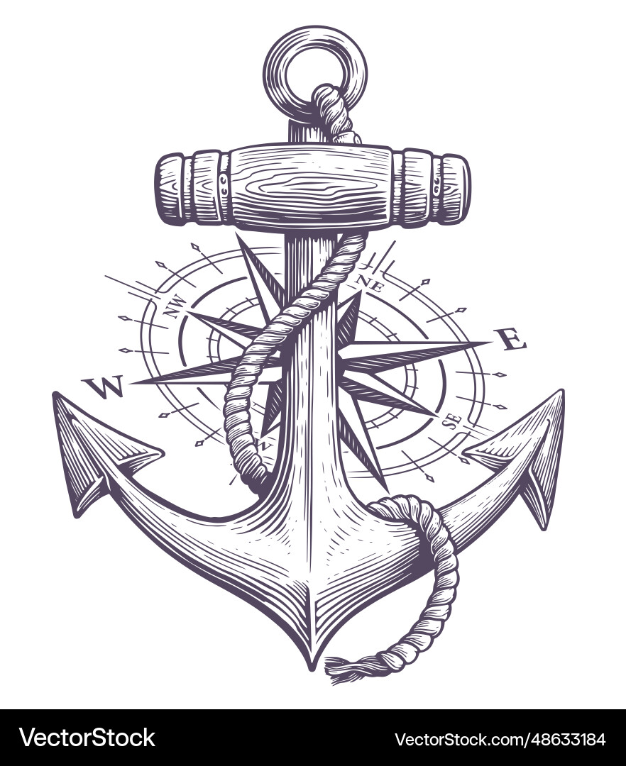 Anchor with rope and nautical compass drawn Vector Image