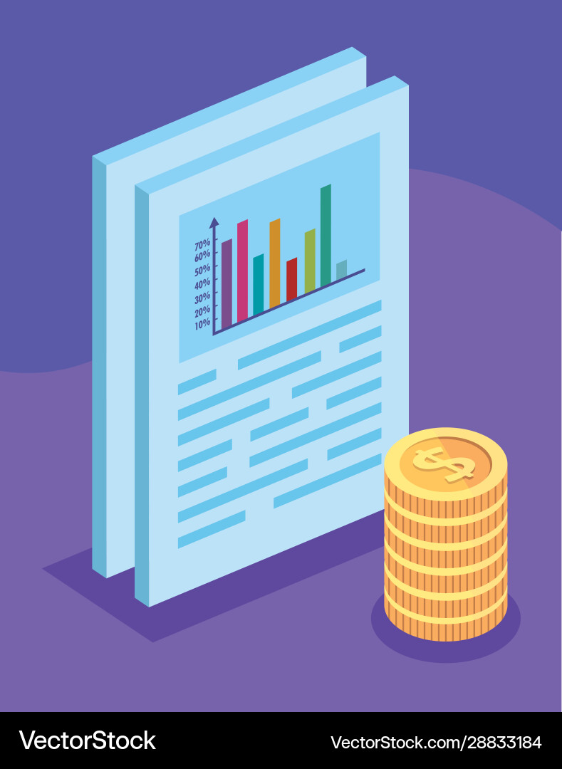 Document with bars statistical and pile coins Document with bars statistical and pile coins Vector Image