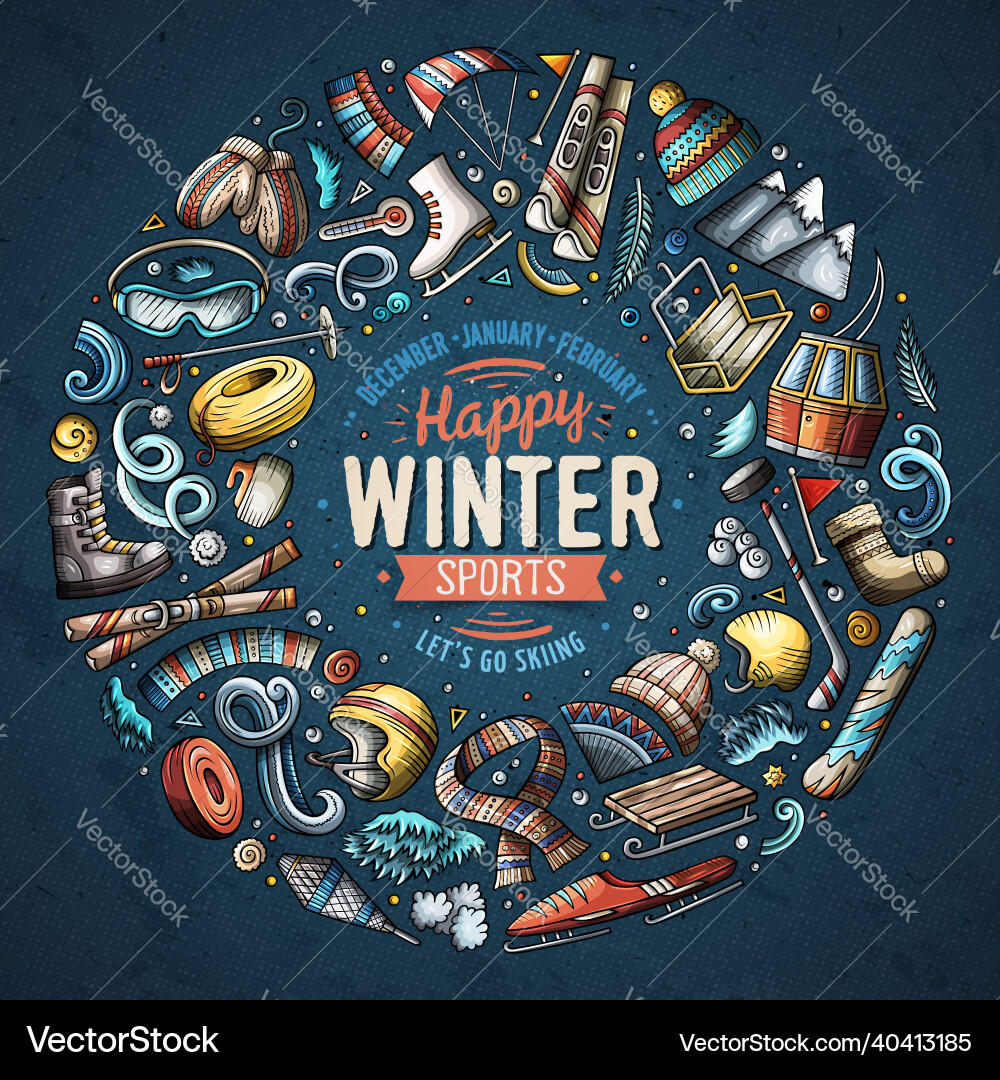 Buntes Set Wintersportwagen doodle Buntes Set Wintersportwagen doodle vektorbild