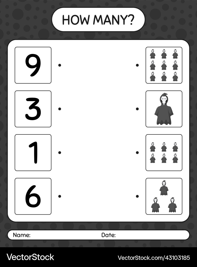 How many counting game with grim reaper worksheet Vector Image
