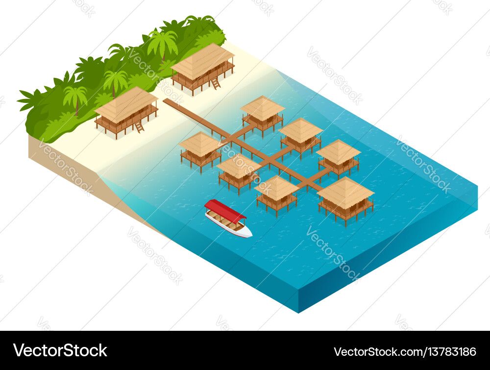 Luxury overwater thatched roof bungalow vector image