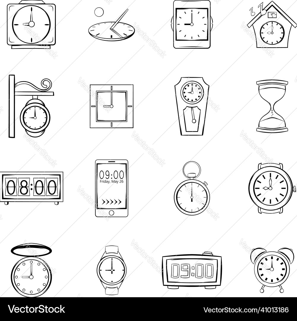 Time and clock icons set outline Time and clock icons set outline vector image
