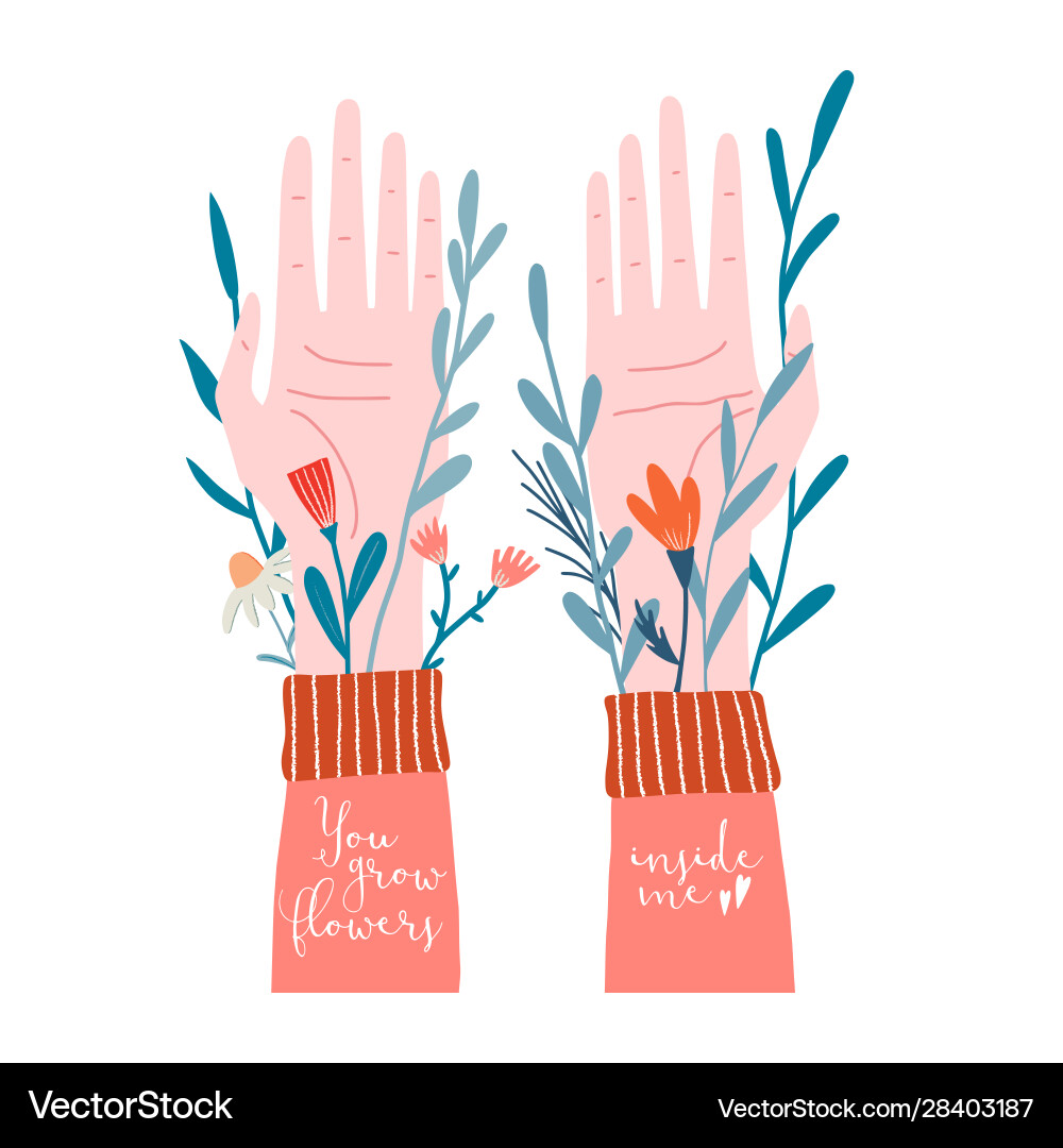 Hands with wild flowers growing from under sleeves Vector Image