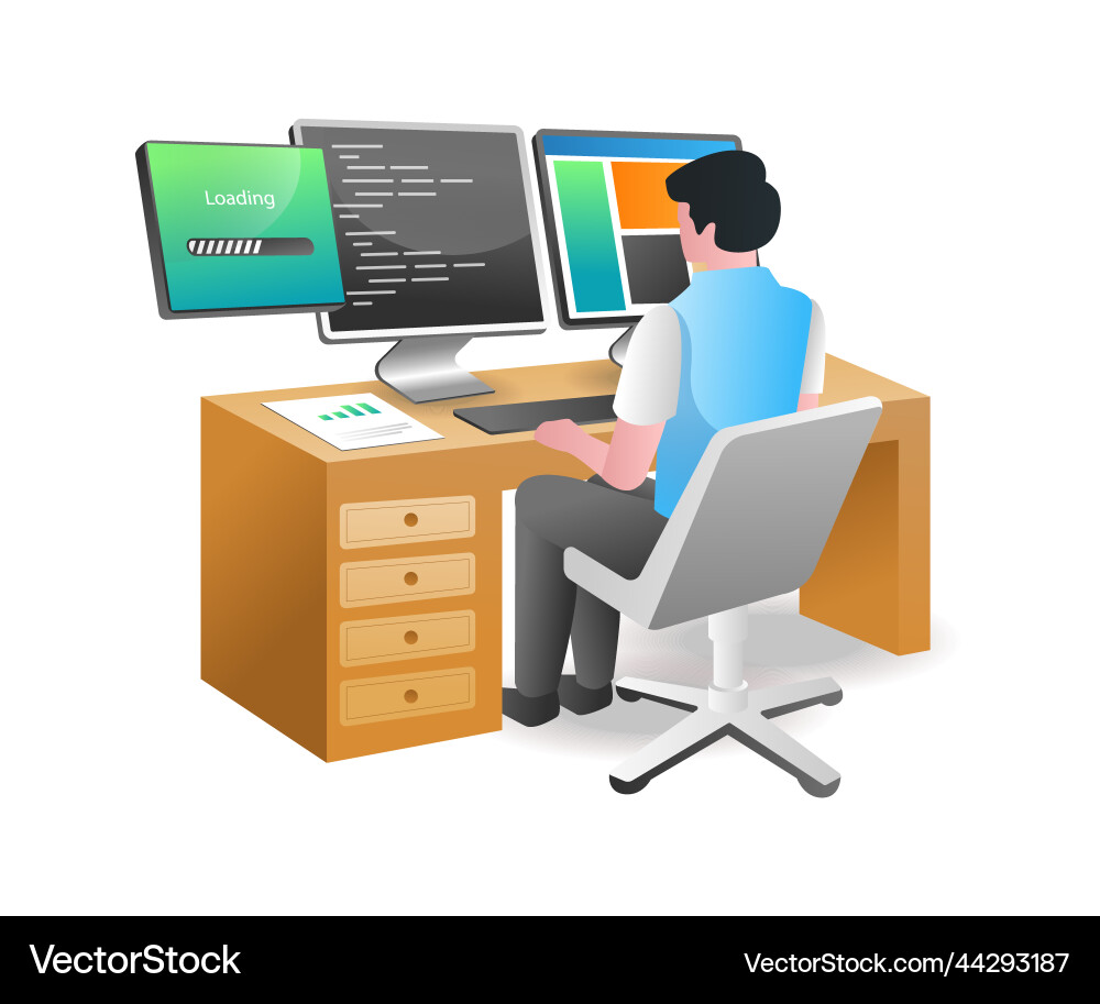 Isometric concept man typing programming language Isometric concept man typing programming language vector image