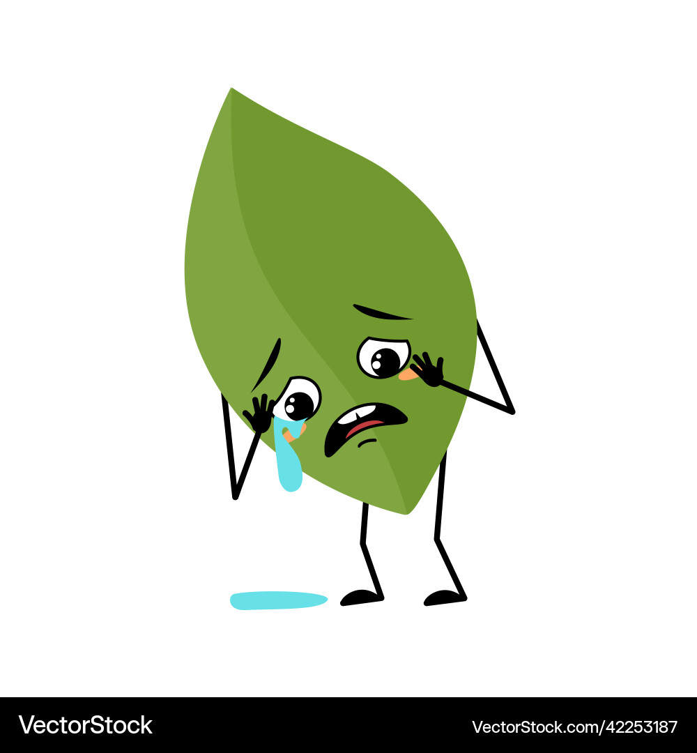 Leaf character with crying and tears emotion Leaf character with crying and tears emotion Vector Image