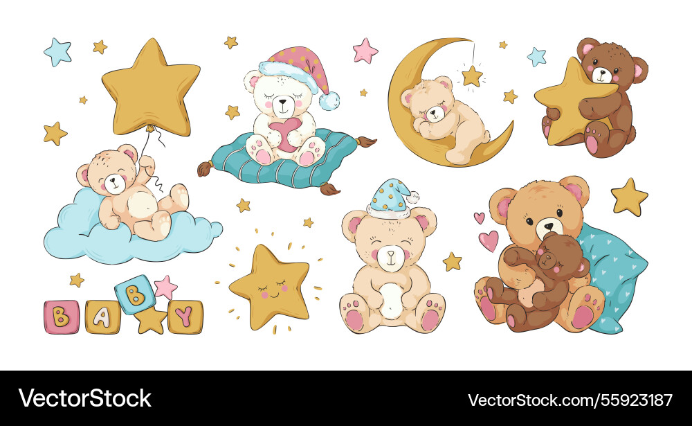 Süße Bär Babydusche für Mädchen Mond Traum Süße Bär Babydusche für Mädchen Mond Traum vektorbild
