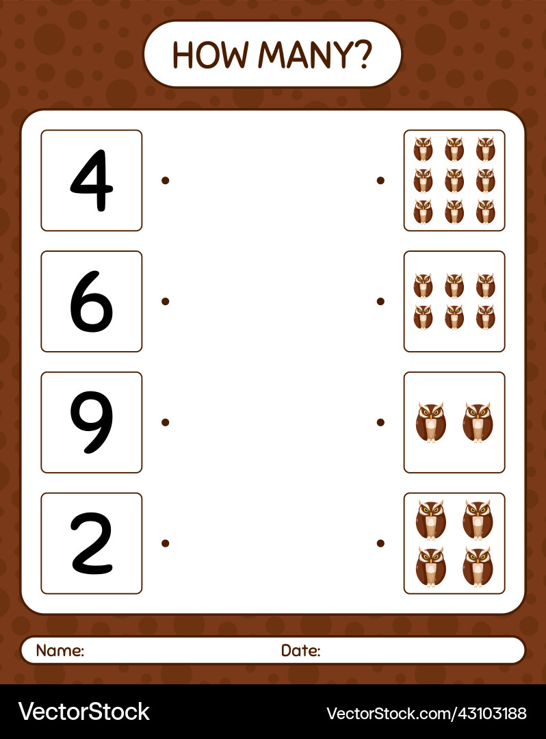 How many counting game with owl worksheet How many counting game with owl worksheet vector image