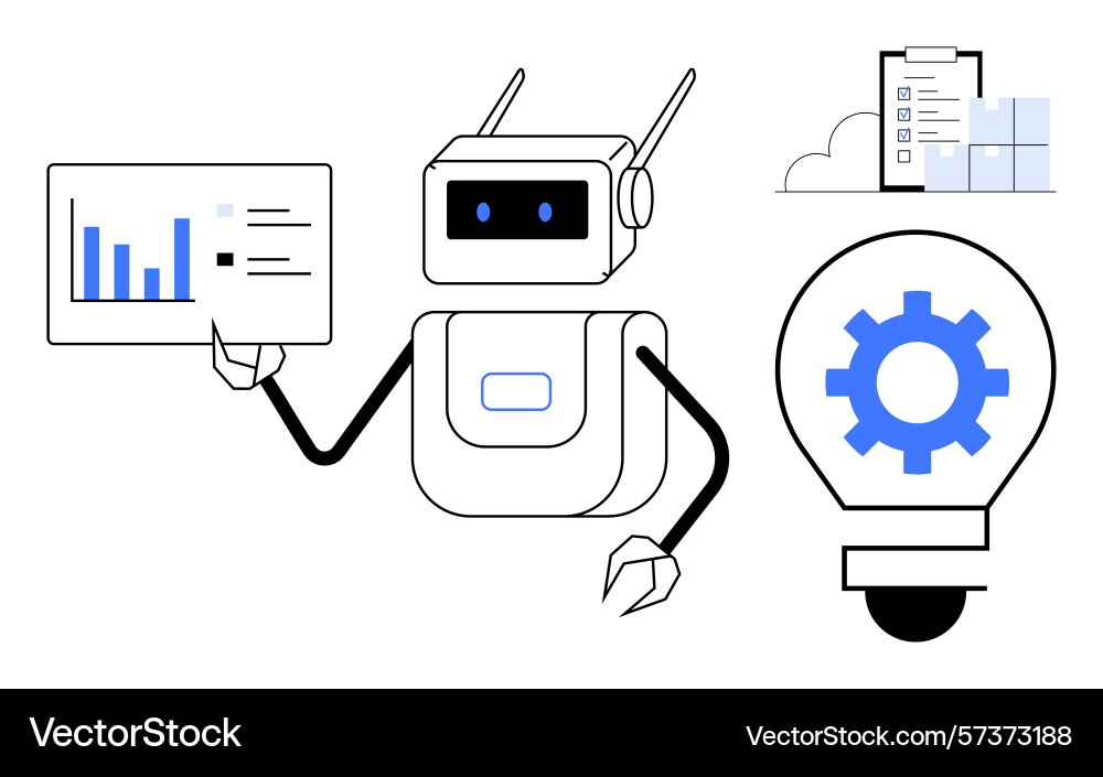 Robot analyzing data with charts alongside Robot analyzing data with charts alongside vector image