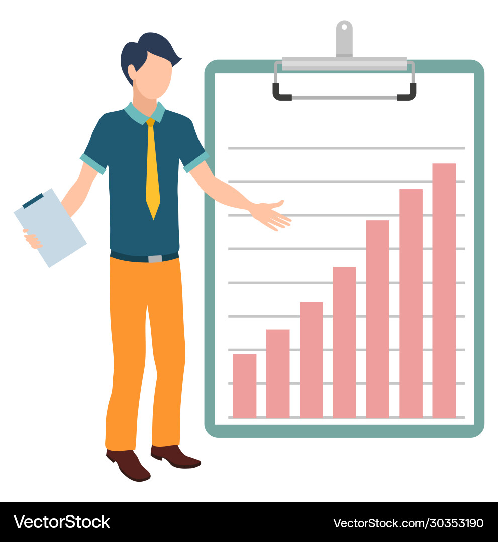 Confused man with document graphics on board Vector Image